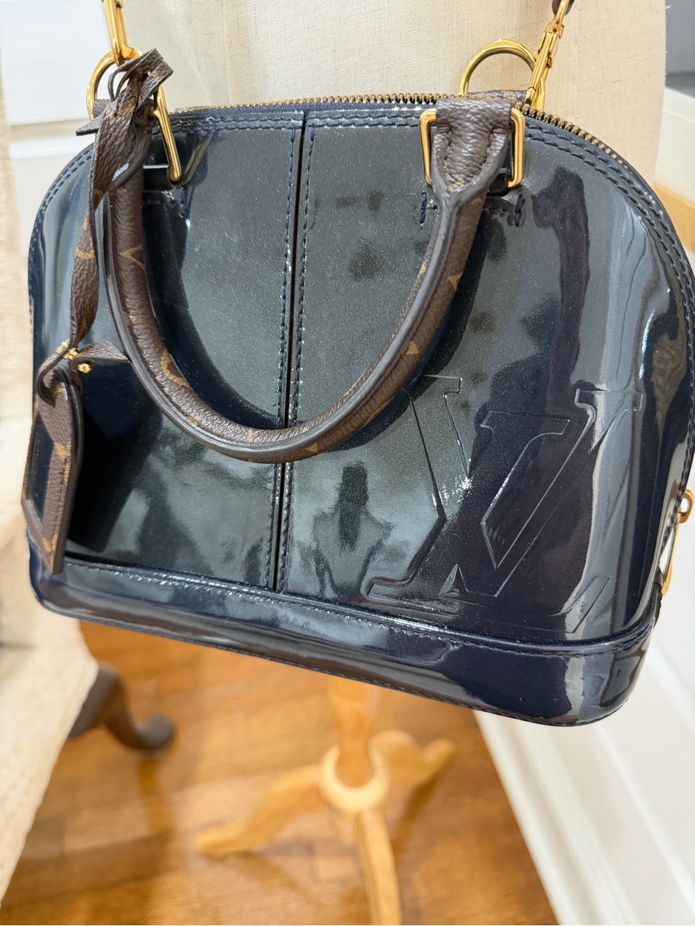 Louis Vuitton Navy Patent Alma BB with Monogram Handles and Gold Hardware